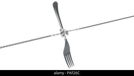 Gabel Kette gebunden, 3D-Darstellung, horizontal, isoliert, über Weiß Stockfoto
