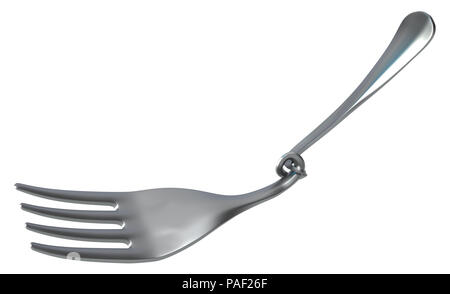 Gabel verknotet, 3D-Darstellung, horizontal, isoliert, über Weiß Stockfoto