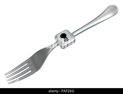 Gabel mit Schloss Metall, 3D-Darstellung, horizontal, isoliert, über Weiß Stockfoto