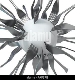 Gabeln stab Kugel, 3D-Darstellung, horizontal, über Weiß Stockfoto