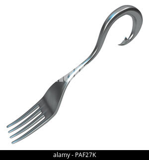 Gabel mit Haken aus Metall, 3D-Darstellung, horizontal, isoliert, über Weiß Stockfoto
