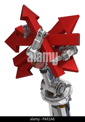 Roboterarm mit drei Fingern, Pfeile, 3D-Darstellung, horizontal, über Weiß, isoliert Stockfoto