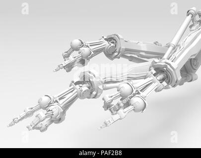 Roboterarm mit drei Fingern weiß, Bündel, 3D-Darstellung, horizontal Hintergrund Stockfoto