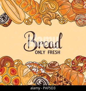 Dekor für einen Shop oder Café mit Gebäck, Brot, backen. Bäckerei, Brot, Haus, handschriftliche Illustration mit Schriftzug. Schild, Vektor Stock Vektor