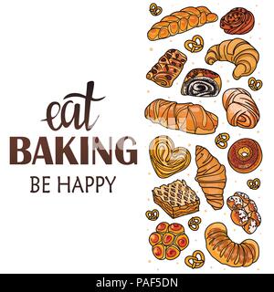 Dekor für einen Shop oder Café mit Gebäck, Brot, backen. Bäckerei, Brot, Haus, handschriftliche Illustration mit Schriftzug. Schild, Vektor Stock Vektor