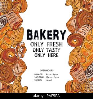 Dekor für einen Shop oder Café mit Gebäck, Brot, backen. Bäckerei, Brot, Haus, handschriftliche Illustration mit Schriftzug. Schild, Vektor Stock Vektor
