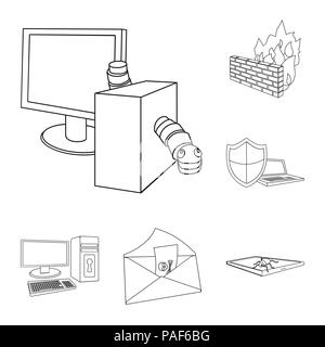 Hacker und Hacking Umrisse Symbole im Set Sammlung für Design. Hacker und Ausrüstung vektor Symbol lieferbar Abbildung. Stock Vektor