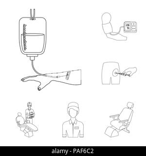 Medizin und Behandlung skizzieren Symbole im Set Sammlung für Design. Krankenhaus und Ausrüstung vektor Symbol lieferbar Abbildung. Stock Vektor