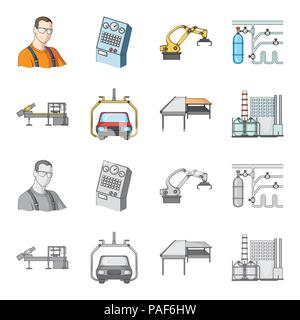 Automobilindustrie und andere Symbol im Cartoon, Schwarzweiß-Stil. Die neuen Technologien Symbole in der Sammlung. Stock Vektor