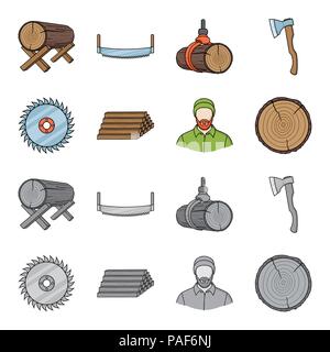 Kreissäge, ein Tischler, ein von Protokollen stack. Ein Sägewerk und Holz set Sammlung Icons im Cartoon, Schwarzweiß-Stil vektor Symbol lieferbar Illustra Stock Vektor