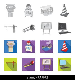 Baukran, Maßband messen, Zeichenbrett, Computer. Architektur Sammlung Icons in Schwarzweiß, flacher Stil vektor Symbol lieferbar il Stock Vektor