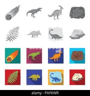 Meer Dinosaurier, Triceratops, prähistorische Pflanze, menschlicher Schädel. Dinosaurier und prähistorischen Periode set Sammlung Icons in Schwarzweiß, flacher Stil vektor Symbol Stock Vektor