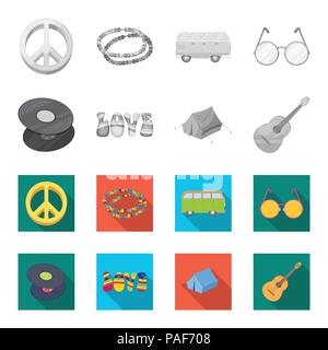 Schallplatten, Gitarre, Zelt. Hippie set Sammlung Icons in Schwarzweiß, flacher Stil vektor Symbol lieferbar Abbildung. Stock Vektor