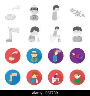 Ein Fuß mit einem Bluterguss im Knie, Niesen krank, ein Mann auf der Toilette sitzen, ein Mann in einem medizinischen Maske. Sick set Sammlung Icons in Schwarzweiß, Wohnung st Stock Vektor