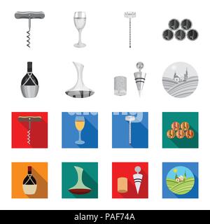 Eine Flasche Wein in einem Korb, eine gafine, einen Korkenzieher mit einem Korken, eine Traube Tal. Wein Set Sammlung Icons in Schwarzweiß, flacher Stil Vektor Stock Vektor