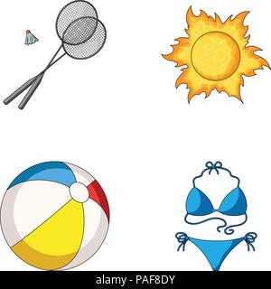 Badminton spielen, einen Ball und die Sonne. Urlaub Sommer Kollektion Symbole im Comic-stil Vektor Symbol lieferbar Abbildung. Stock Vektor