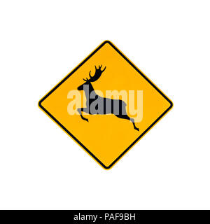 Die australische Tierwelt Warnung Schild für Rehe auf der Straße und die Autobahnen von Australien. Auf weiß isoliert. Stockfoto