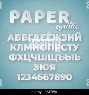 Kyrillisch Papier Alphabet. Weiße Buchstaben und Zahlen auf blauem Hintergrund. Kreativ lustig Font für Design vorlage Stock Vektor