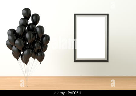 Schwarze Luftballons mit vertikalen Poster mockup in Innenraum mit Beschneidungspfad um Poster. 3D-Darstellung Stockfoto