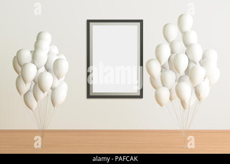 Weiße Ballons mit vertikalen Poster mockup in Innenraum mit Beschneidungspfad um Poster. 3D-Darstellung Stockfoto