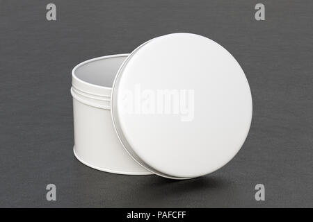 Leere weiße runde Blechdose, mit geöffnetem Deckel auf schwarzem Leder Hintergrund. Paket mockup mit Beschneidungspfad um Container. 3D-Darstellung Stockfoto