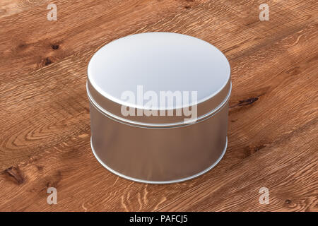 Leer geschlossen silber Metall runde Blechdose auf Holz- Hintergrund. Paket mockup mit Beschneidungspfad um Container. 3D-Darstellung Stockfoto