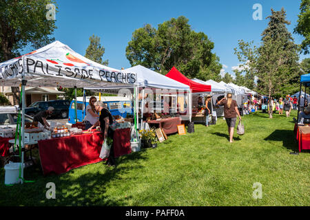 Händler verkaufen frisches Gemüse, produzieren und andere Einzelteile zu einem saisonalen Farmers Market in kleinen Bergstadt Salida, Colorado, USA Stockfoto