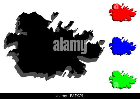 3D-Karte von Antigua (Waladli oder Wadadli, Antigua und Barbuda) - Schwarz, Rot, Blau und Grün-Vector Illustration Stock Vektor