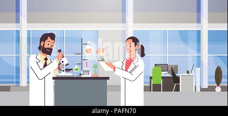 Paar Wissenschaftler arbeiten mit Mikroskop im Labor Forschung tut Mann Frau, wissenschaftliche Experimente Ärzte in Lab Innenraum Porträt Arbeitsplatz horizontal Stock Vektor