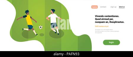 Fußball gameplay zwei Fußball-Spieler verschiedene Teams auf dem Feld championchip Konzept Banner kopieren Raum Stock Vektor
