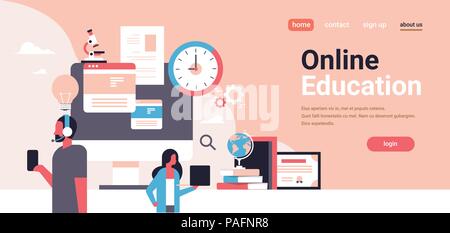 Paar Verwendung von Minianwendungen Analyse online Ausbildung Konzept Mann frau portrait waagrechten Banner kopieren Raum Stock Vektor
