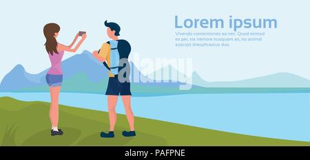 Expedition Paar tun selfie Camping Aktivitäten landschaft wald mountain river outdoor Natur Hintergrund Rückansicht Frau Mann Zeichentrickfigur waagrechten Platz kopieren Stock Vektor