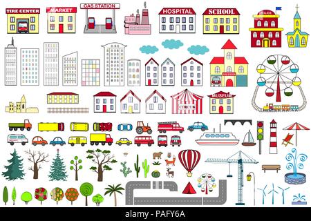 Eingestellt von Cartoon Stadtplan Elemente. Vector Illustration. Gebäude, Autos, Straßen, Bäume, und alle anderen Objekte Stock Vektor