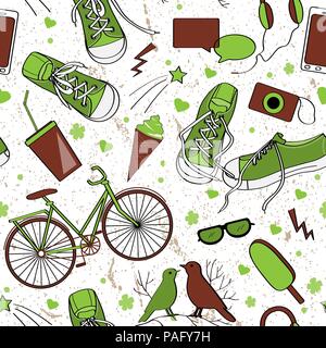 Cute teenager Muster mit Sneakers, Vögel, Fahrrad, Kamera, Handy, Kopfhörer, Eis und Getränken. Grün und Braun palette Stock Vektor