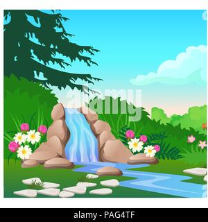 Malerische Landschaft mit Wasserfall auf den Wald Fluss. Skizze eines schönen Poster oder Plakat zum Thema wildlife Art. Vektor cartoon Close-up Abbildung. Stock Vektor