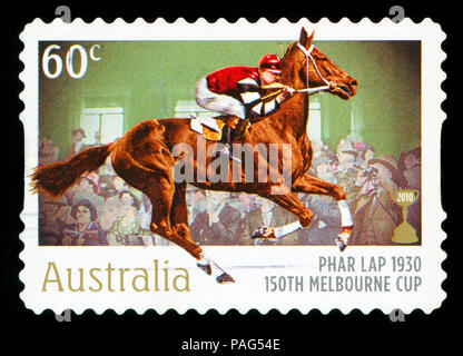 Australien - ca. 2010: einen Stempel in Australien gedruckten zeigt die Phar Lap, 1930 Sieger, 150 Melbourne Cup, ca. 2010 Stockfoto