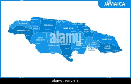 Die detaillierte Karte von Jamaika mit Regionen oder Staaten und Städte, der Hauptstadt. Verwaltungseinheit. Stock Vektor