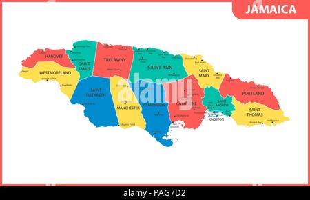 Die detaillierte Karte von Jamaika mit Regionen oder Staaten und Städte, der Hauptstadt. Verwaltungseinheit. Stock Vektor