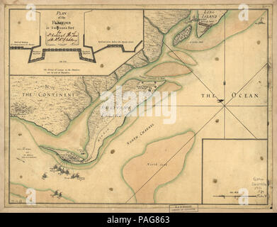 Einen Plan des Angriffs von Fort Sulivan, in der Nähe der Charles Town in South Carolina durch ein Geschwader der seine Schiffe Majestät am 28. Juni 1776, mit der Disposition des Königs Land Kräfte und die Stockfoto