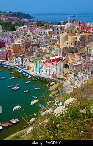 Das Fischerdorf Procida mit Fischerhafen Marina di Corricella und Kirche Chiesa della Madonna delle Grazie, Procida Gulf von Neapel, Italien Stockfoto