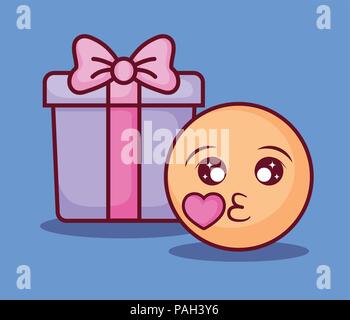 On-line-Design mit kiss Emoji und Geschenkbox über blauen Hintergrund, farbenfrohen Design. Vector Illustration Stock Vektor
