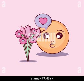 On-line-Design mit kiss Emoji und Blumen Blumenstrauß über rosa Hintergrund, farbenfrohen Design. Vector Illustration Stock Vektor
