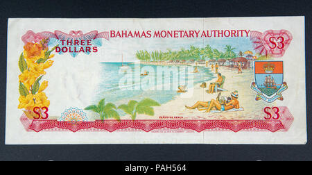 $ 3 Dollar Banknote von den Bahamas geldpolitische Behörde erteilt. Stockfoto