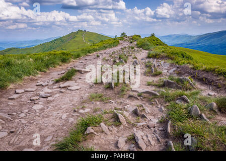 Pfad der Bär Hütte Unterschlupf auf einem Hasiakowa Rock Mountain Winnie, Teil der Wetlina Wiesen im westlichen Bieszczady-gebirge in Polen Stockfoto