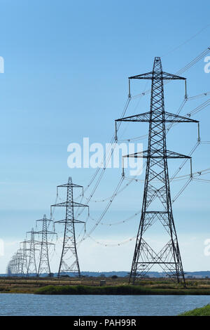 Elektrizität Masten und Stromleitungen Stockfoto