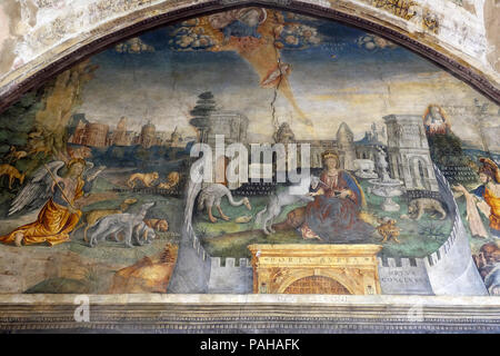 Allegorische Verkündigung - Jagd auf das Einhorn von Giovanni Maria Falconetto, Fresko in der Kirche von San Pietro Martire in Verona, Italien Stockfoto