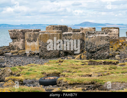 Reihen von Weltkrieg II Anti Tank Betonsteine bleibt auf Küste, longniddry Bents, East Lothian, Schottland, Großbritannien mit Firth-of-Forth und alten Reifen Stockfoto