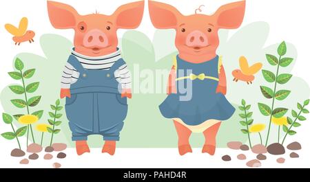 Konzept von Freundschaft und Liebe. Zwei Schweine in der Kleidung. Vector Illustration Stock Vektor