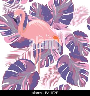 Vector Abbildung: Nahtlose tropischen Hintergrund Flamingos, tropische Blätter. ultra violette Farbe Textur abstrakt Hintergrund. Stock Vektor