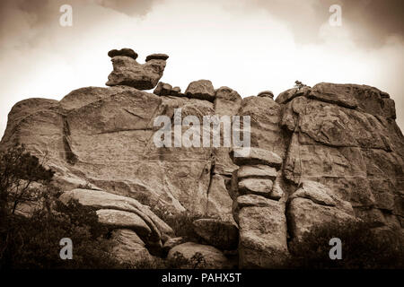 Granitfelsen und Hoodoos Webstuhl über den Mt. Lemmon Autobahn mit Kiefern und Tannen im Coronado National Forest in der Nähe von Tucson, AZ, USA, Sepia getont Stockfoto